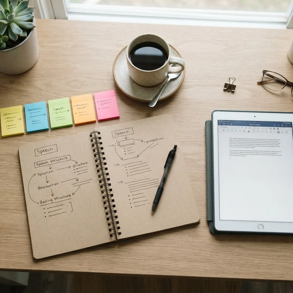Speech writing workflow steps laid out on a desk