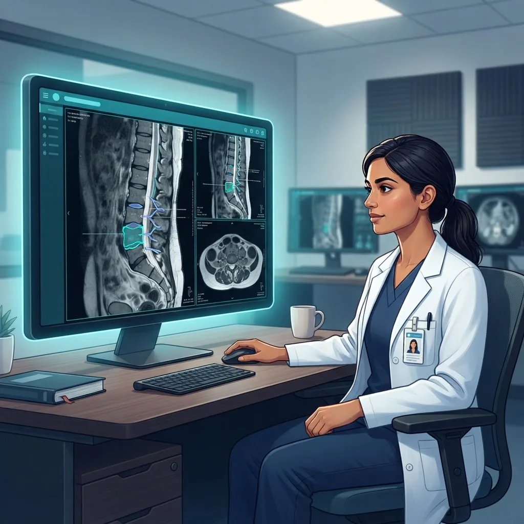 AI spine diagnostics overview with a radiologist reviewing MRI scans