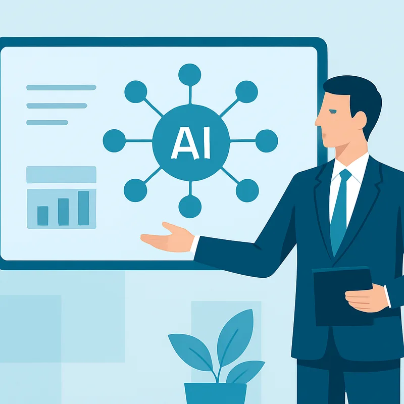 Advisor presenting an AI strategy concept with neural network graphics