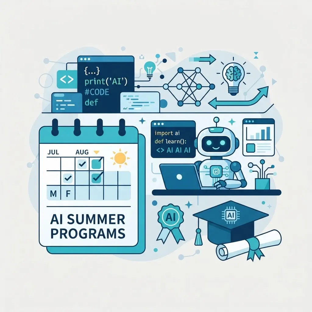 Overview of AI summer programs with calendar and robot icons