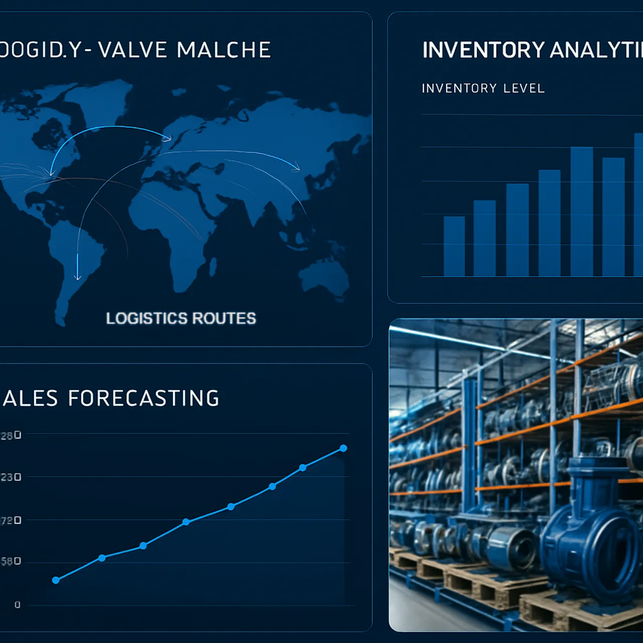 AI supply chain dashboard with logistics routes and inventory analytics for valve manufacturing