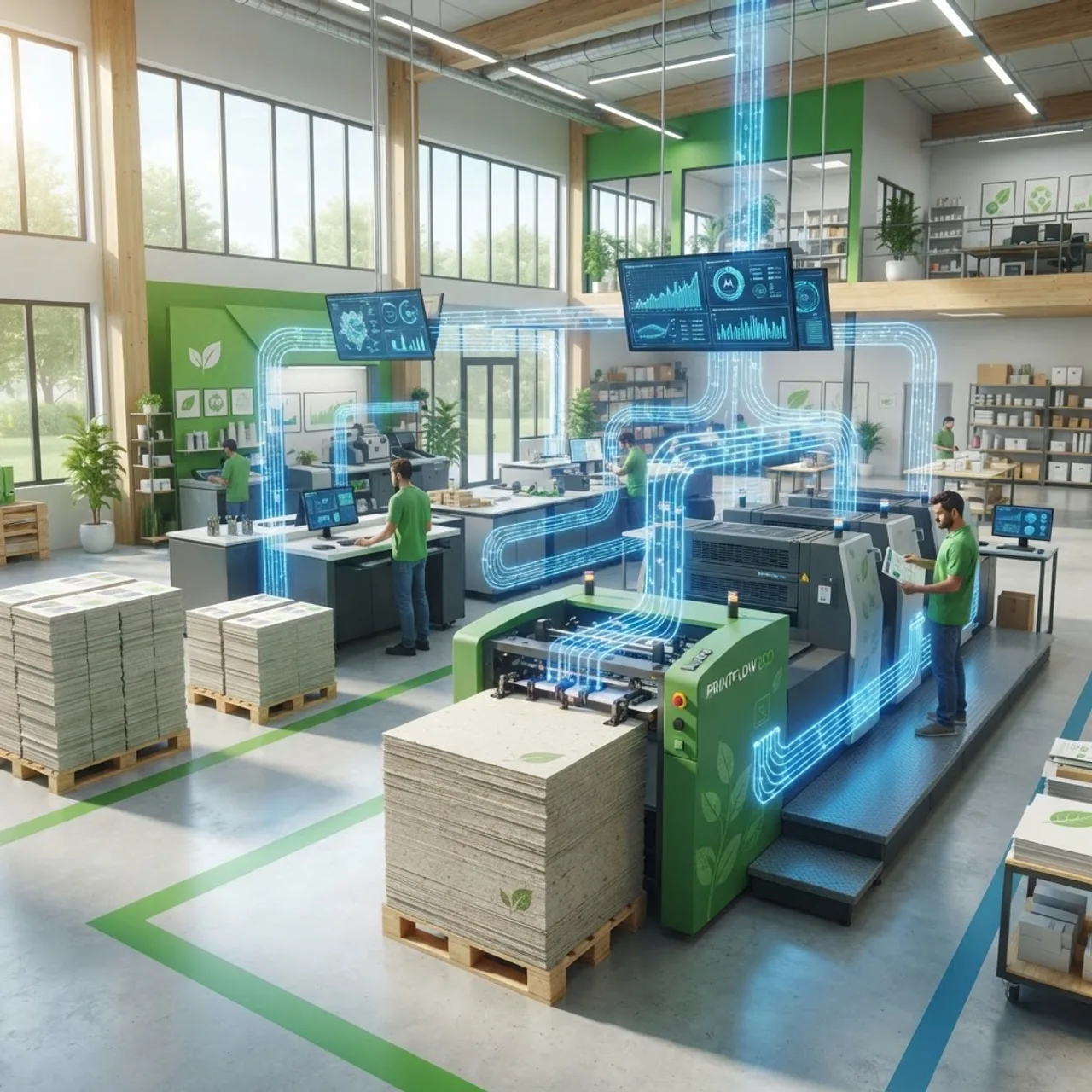 Eco-friendly printing facility optimizing ink and paper usage