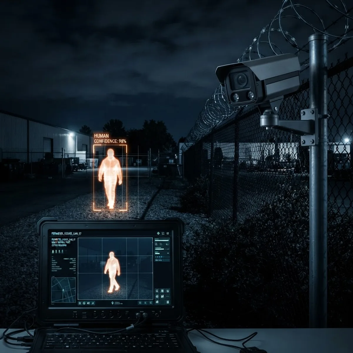 AI thermal security camera detecting a human heat signature at night