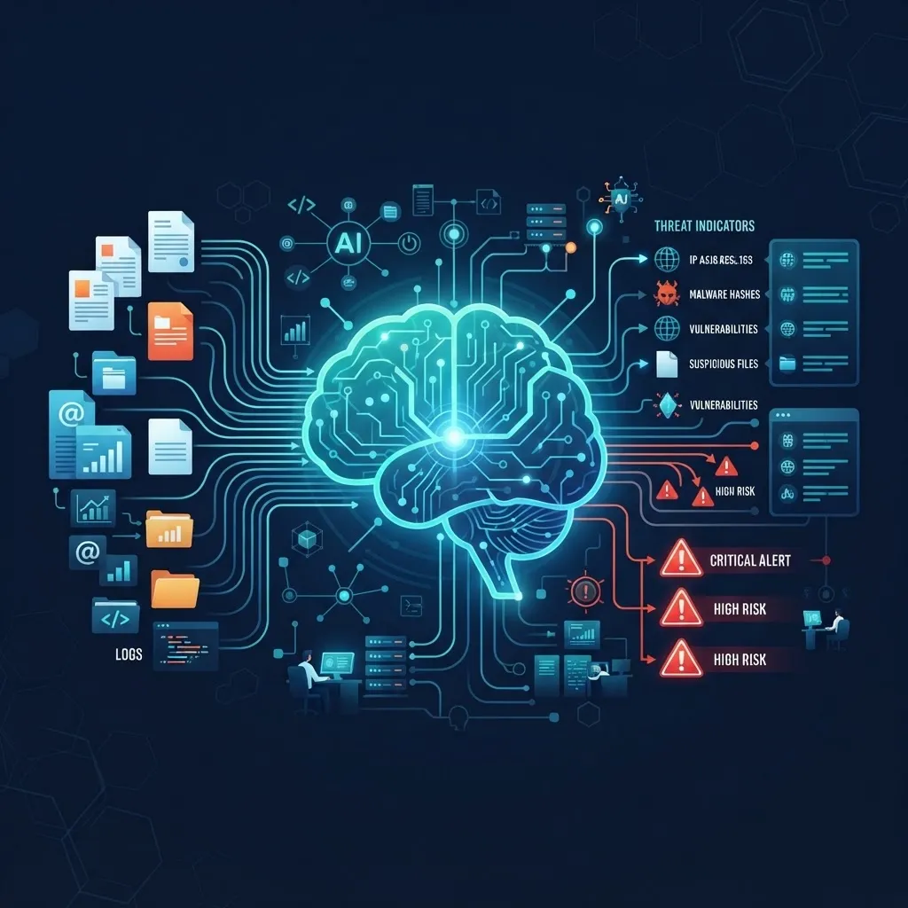 AI threat intelligence processing data feeds into actionable insights