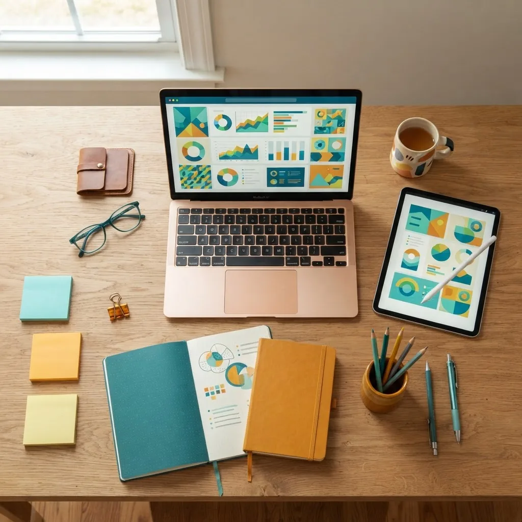 Teacher desk with laptop dashboard, tablet, and notebooks representing AI tools for classroom learning