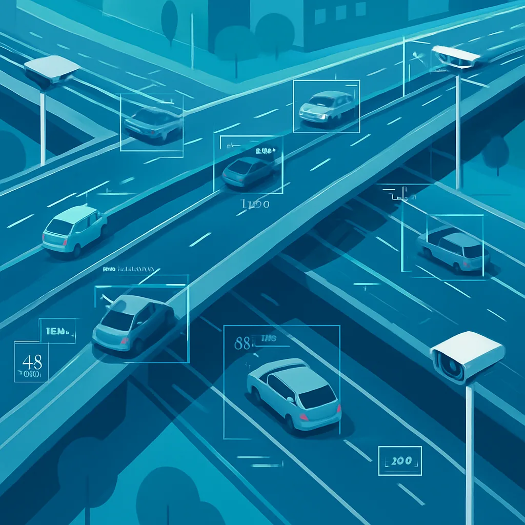 Aerial view of a highway with AI traffic monitoring cameras tracking vehicles