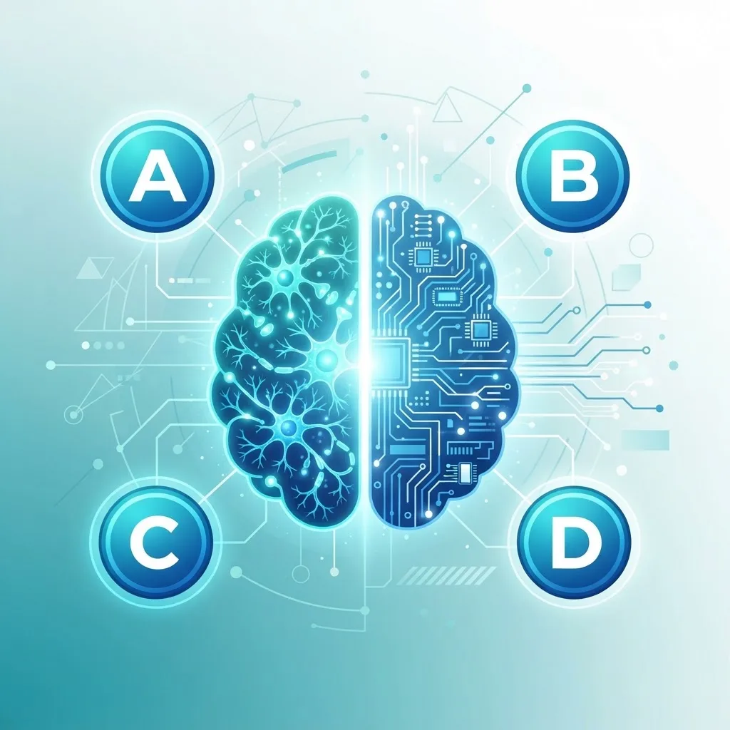 AI trivia quiz challenge with a glowing half-human half-digital brain