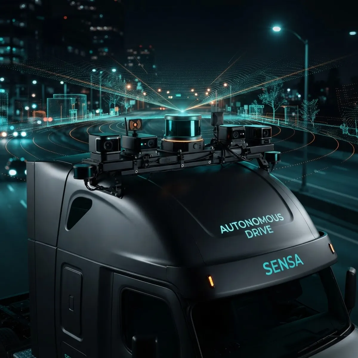 Close-up of autonomous truck LiDAR and radar sensor suite with point-cloud scan