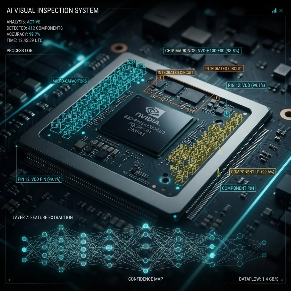 AI computer vision scanning a chip surface with detection markers