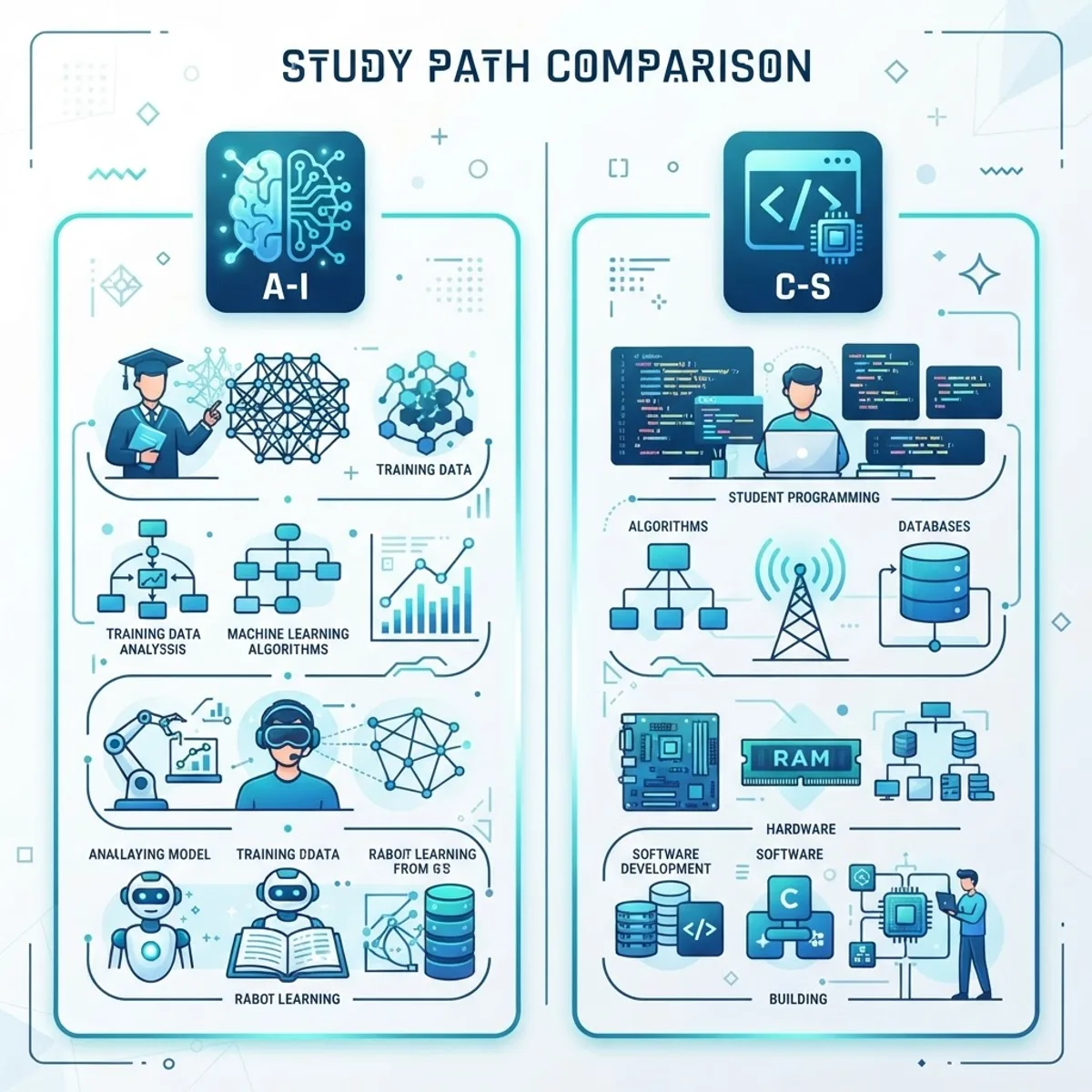 Comparison illustration of Artificial Intelligence versus Computer Science study paths