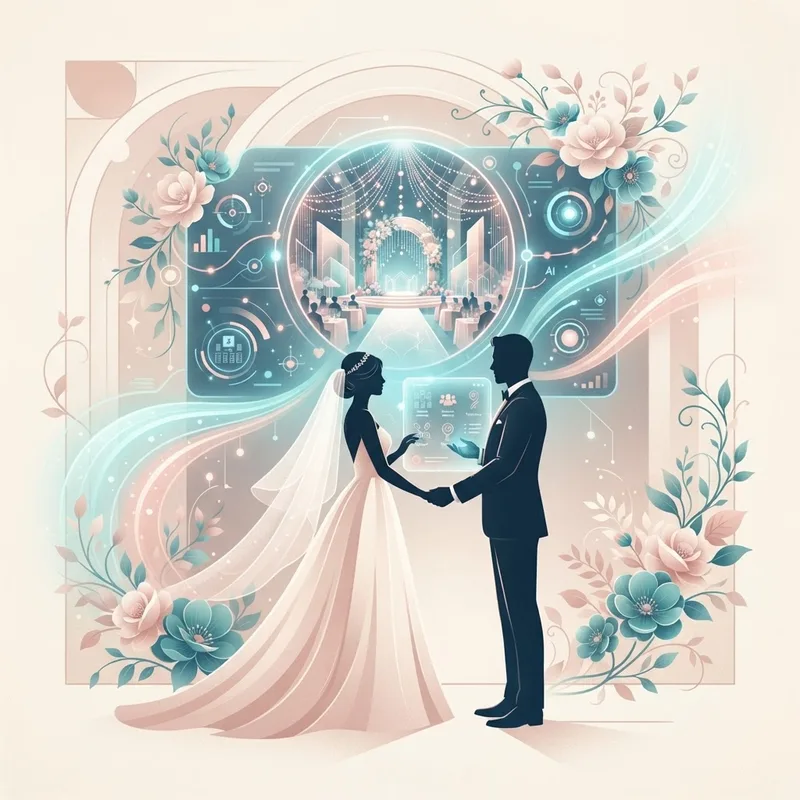 Future of AI weddings with couple silhouette and holographic venue preview