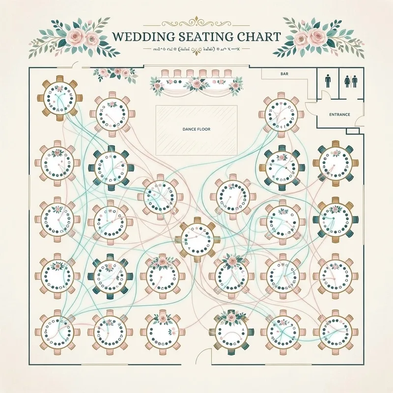 AI generated wedding seating chart with round tables and optimized guest placement
