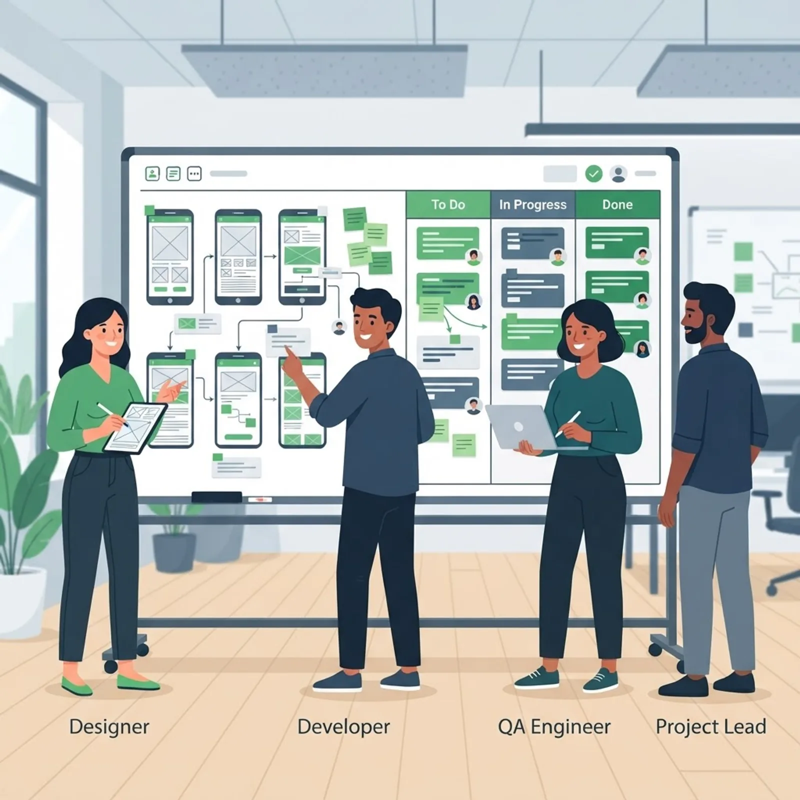 Android app development team collaborating on a sprint board
