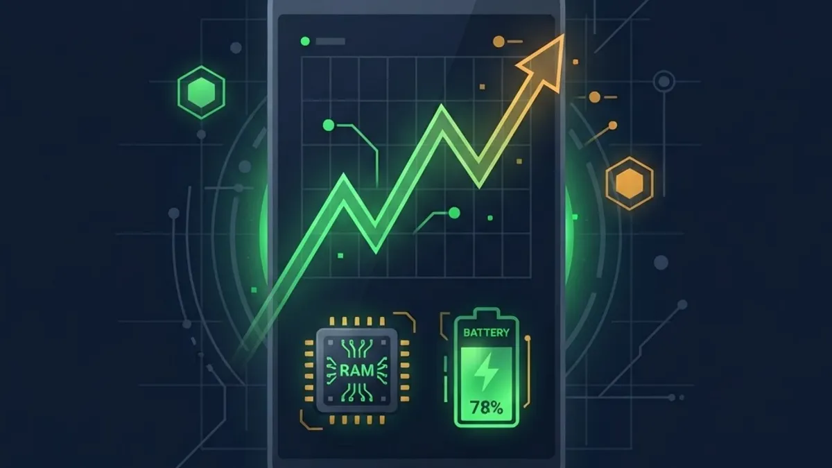 Phone with performance graph, battery and memory icons