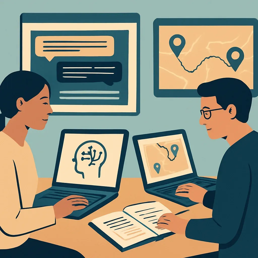 Anthropologists using AI tools at a desk with transcription and mapping software