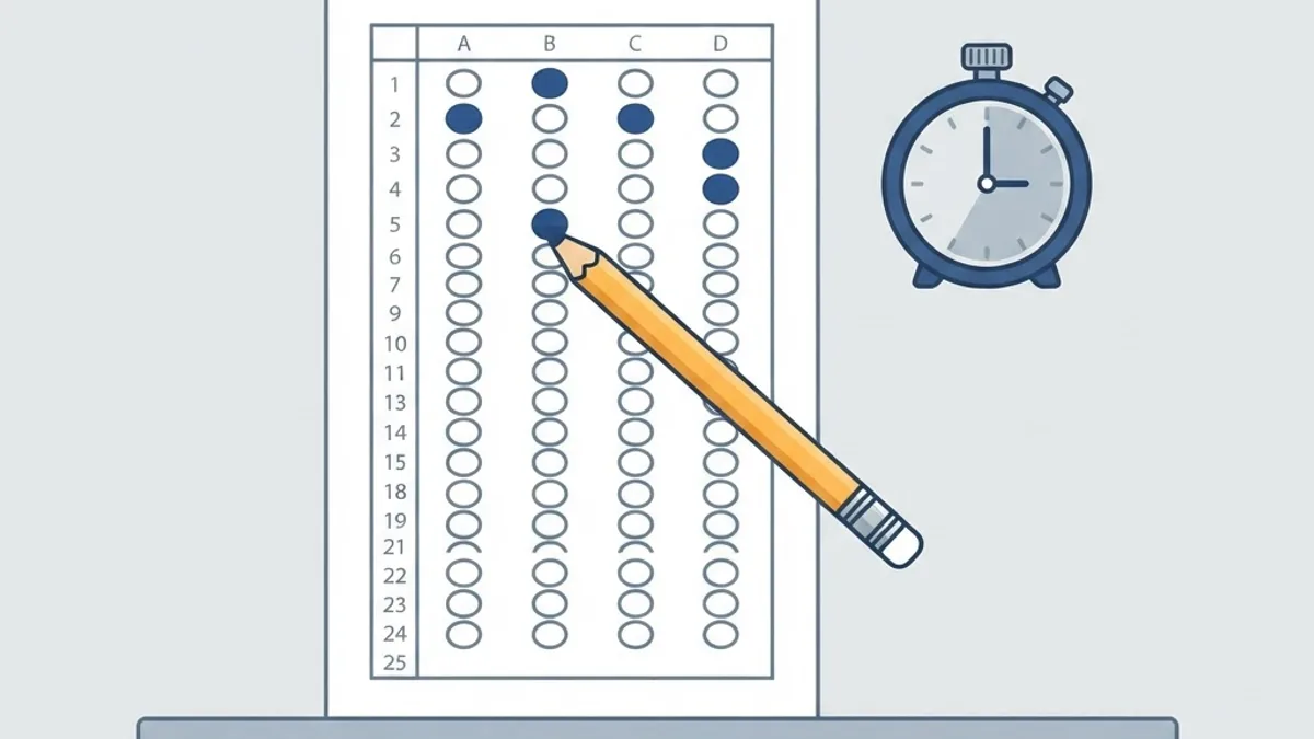 Multiple choice answer sheet with pencil and timer representing MCQ section weighting