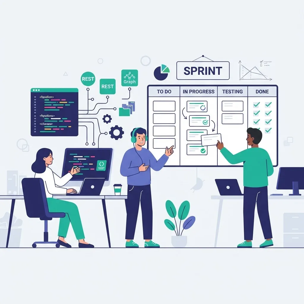 Engineers building an app in agile sprints with a kanban board and API connections