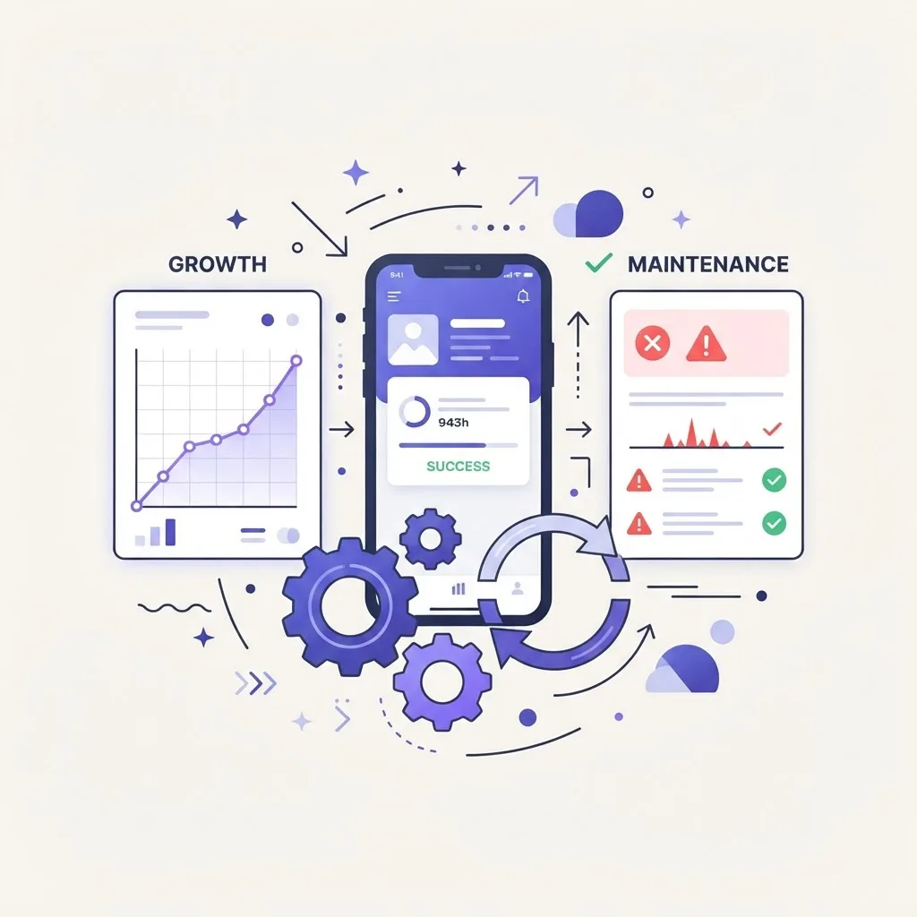 Post launch maintenance dashboard showing retention growth and update cycles