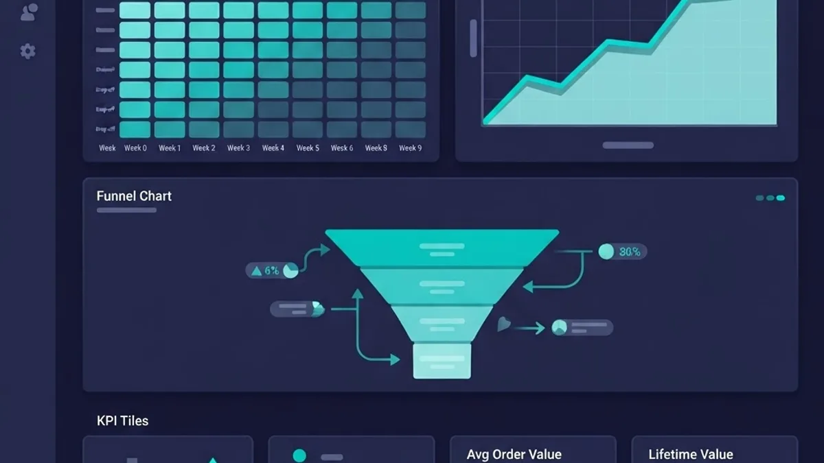 Analytics dashboard showing app revenue, retention cohorts and conversion funnel