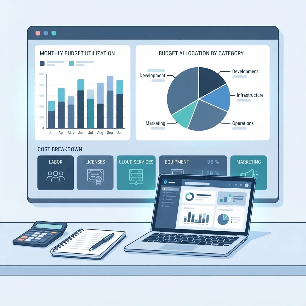 Application development consulting cost breakdown with budget charts on a dashboard