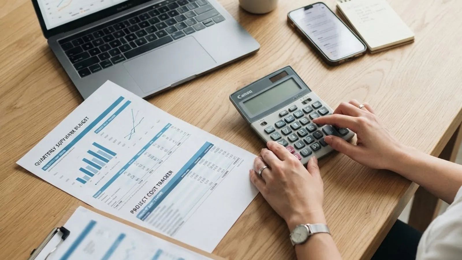 Software project budget planning with cost dashboard and printed financial charts