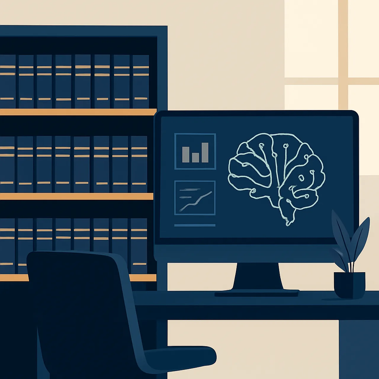 Law office integrating AI technology with law books and a neural network display