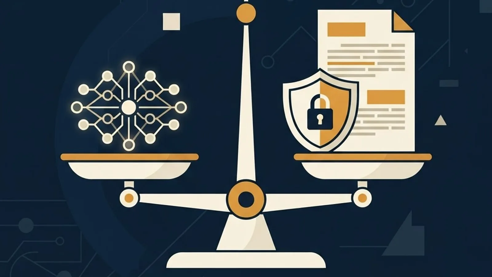 Balance scale weighing a neural network cluster against a security shield beside a document scan