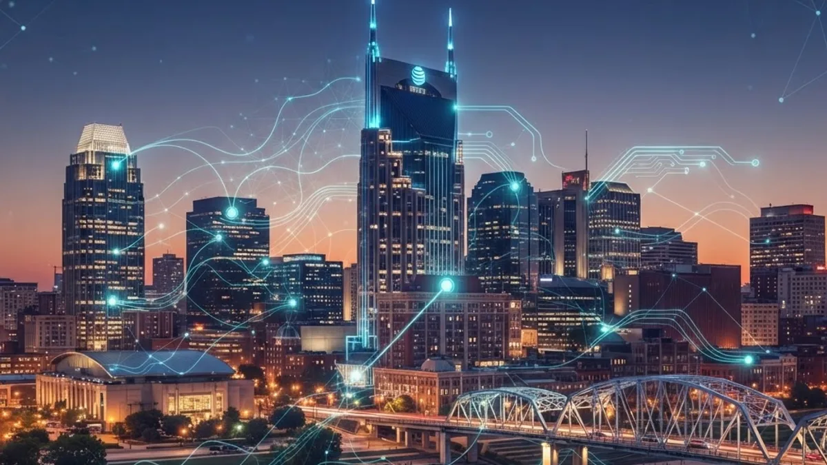 Artificial intelligence services in Nashville with city skyline and neural network overlay