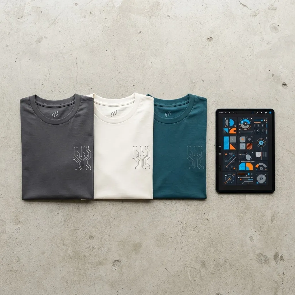Folded AI-themed graphic t-shirts arranged with a design tablet