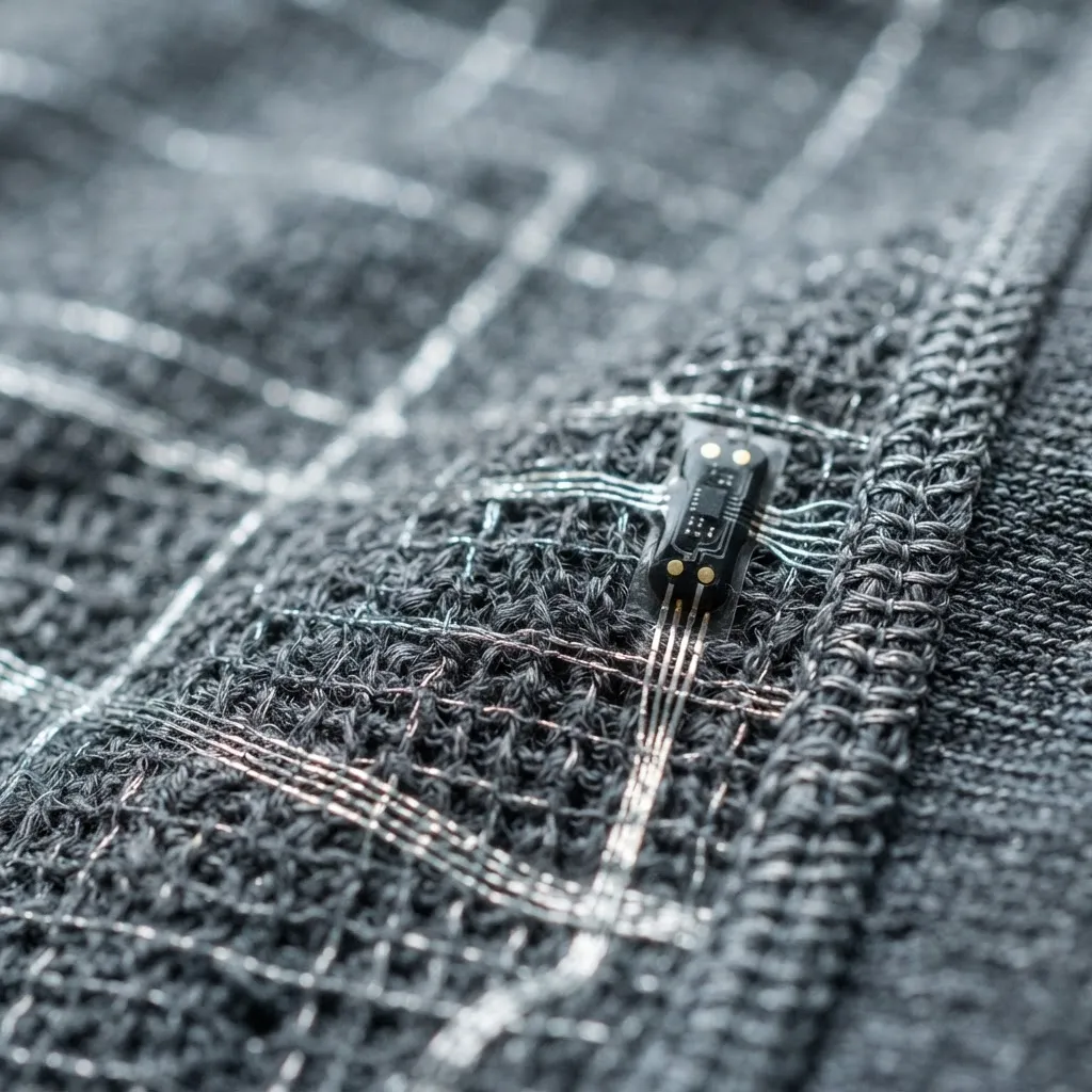Macro view of conductive threads and a sensor module in shirt fabric