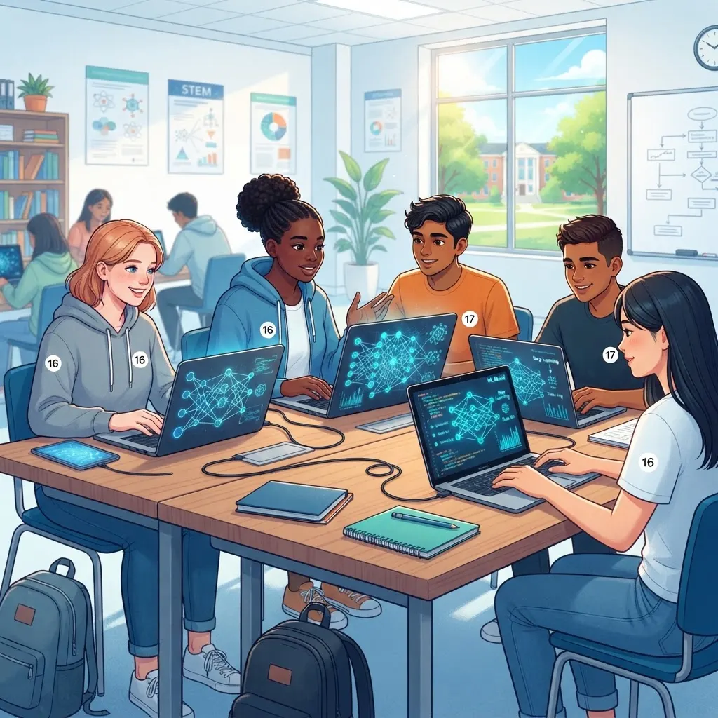 Diverse high school students learning artificial intelligence in a summer classroom