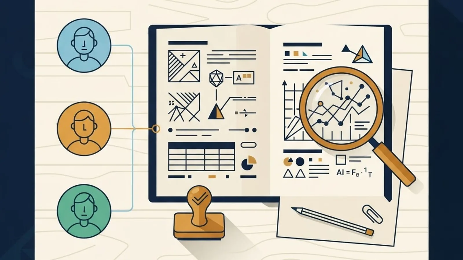 Overhead view of an associate editor workspace with manuscript, review reports and decision stamp