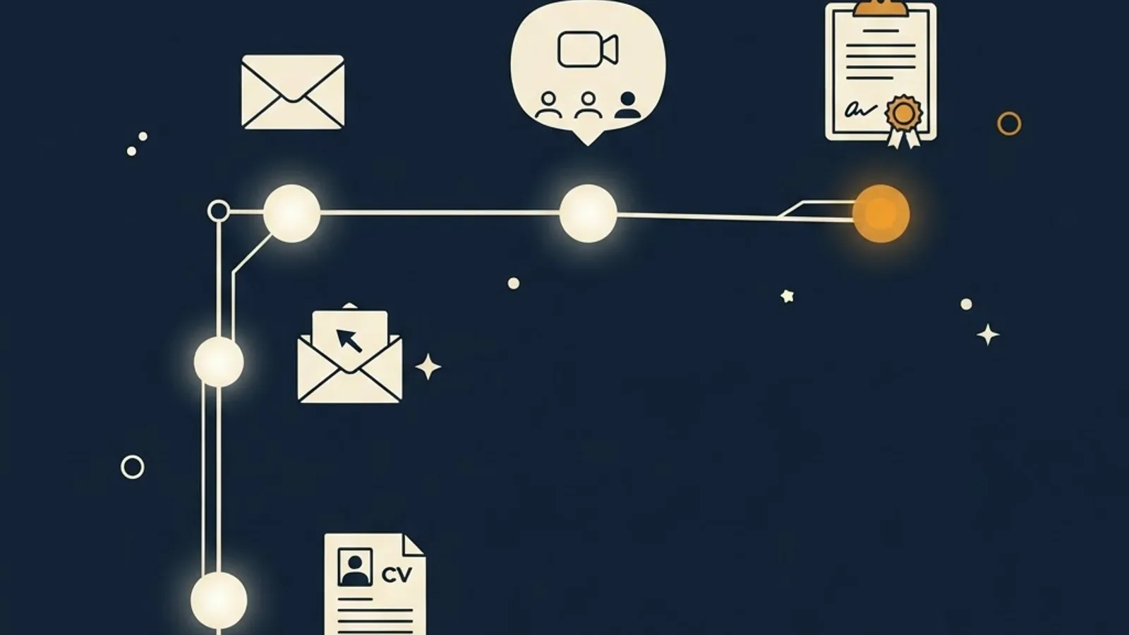 Timeline with milestone icons for CV, application email, interview call and appointment letter