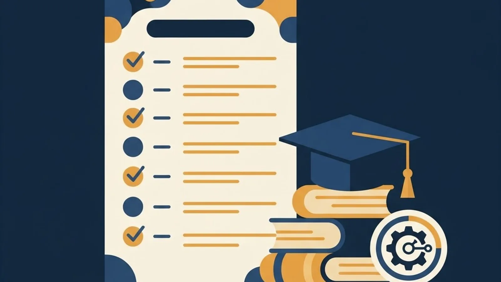 Checklist card beside a graduation cap, publication stack and circular researcher identifier badge