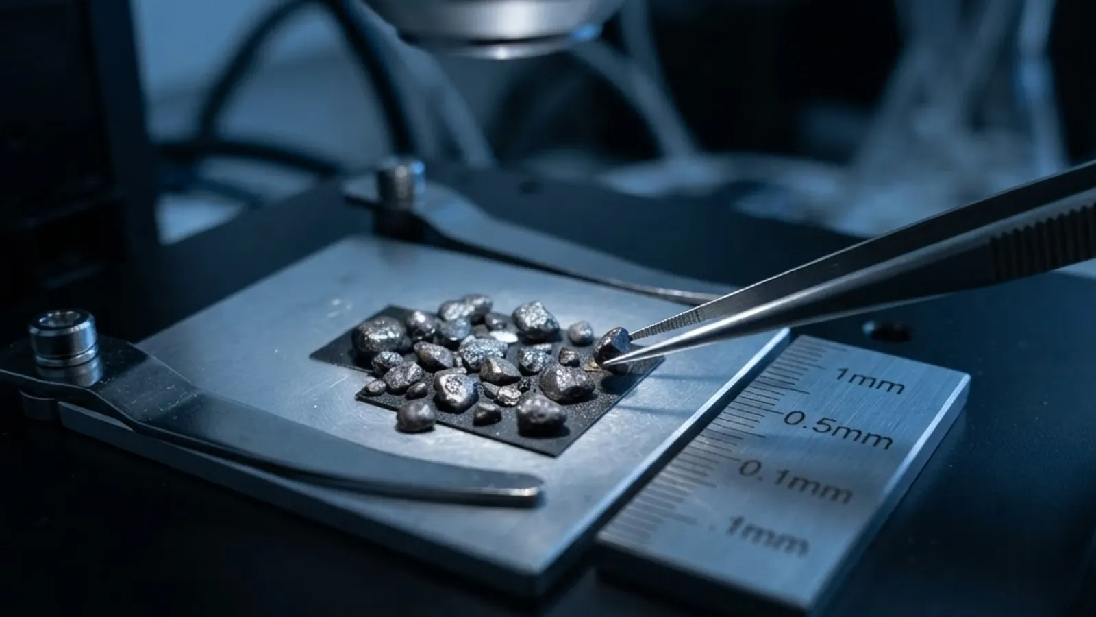 Macro view of dark asteroid sample grains under laboratory analysis