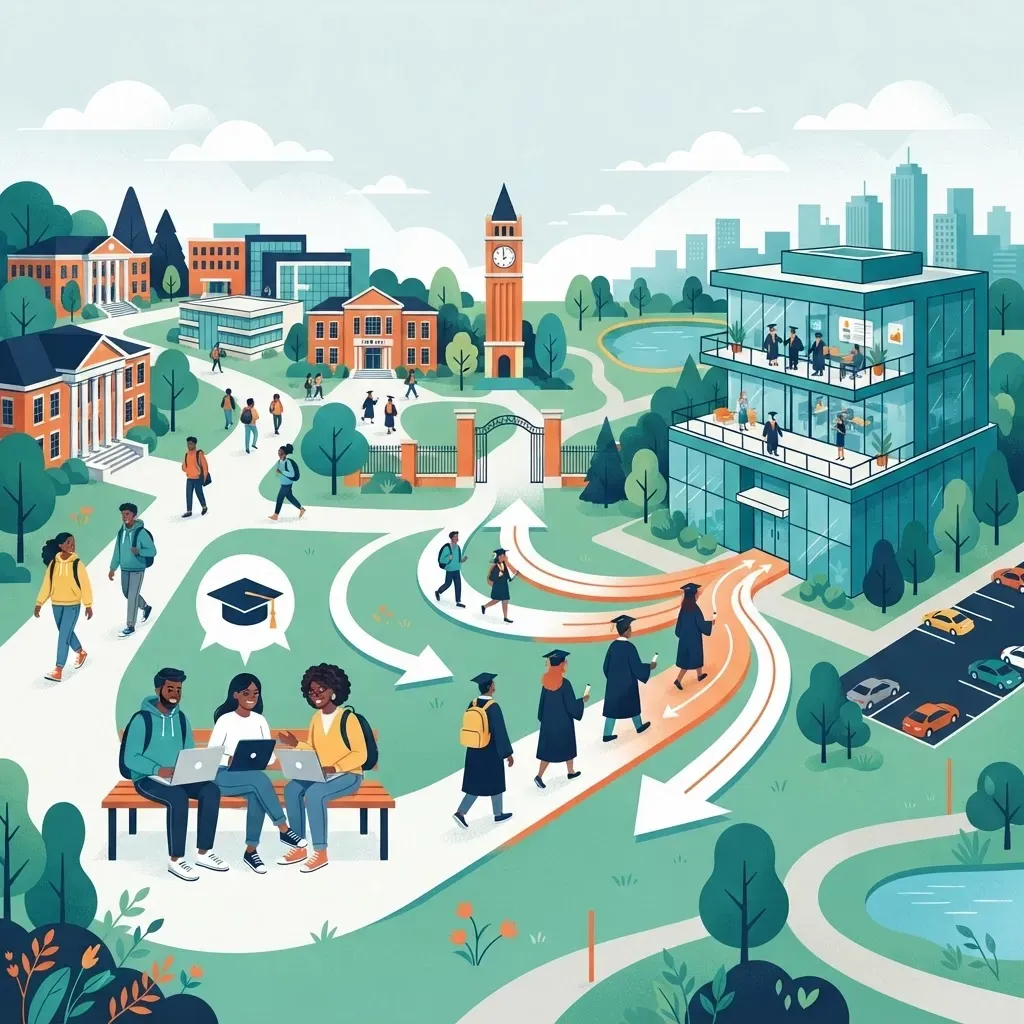 University campus with a pipeline of graduates flowing toward tech offices
