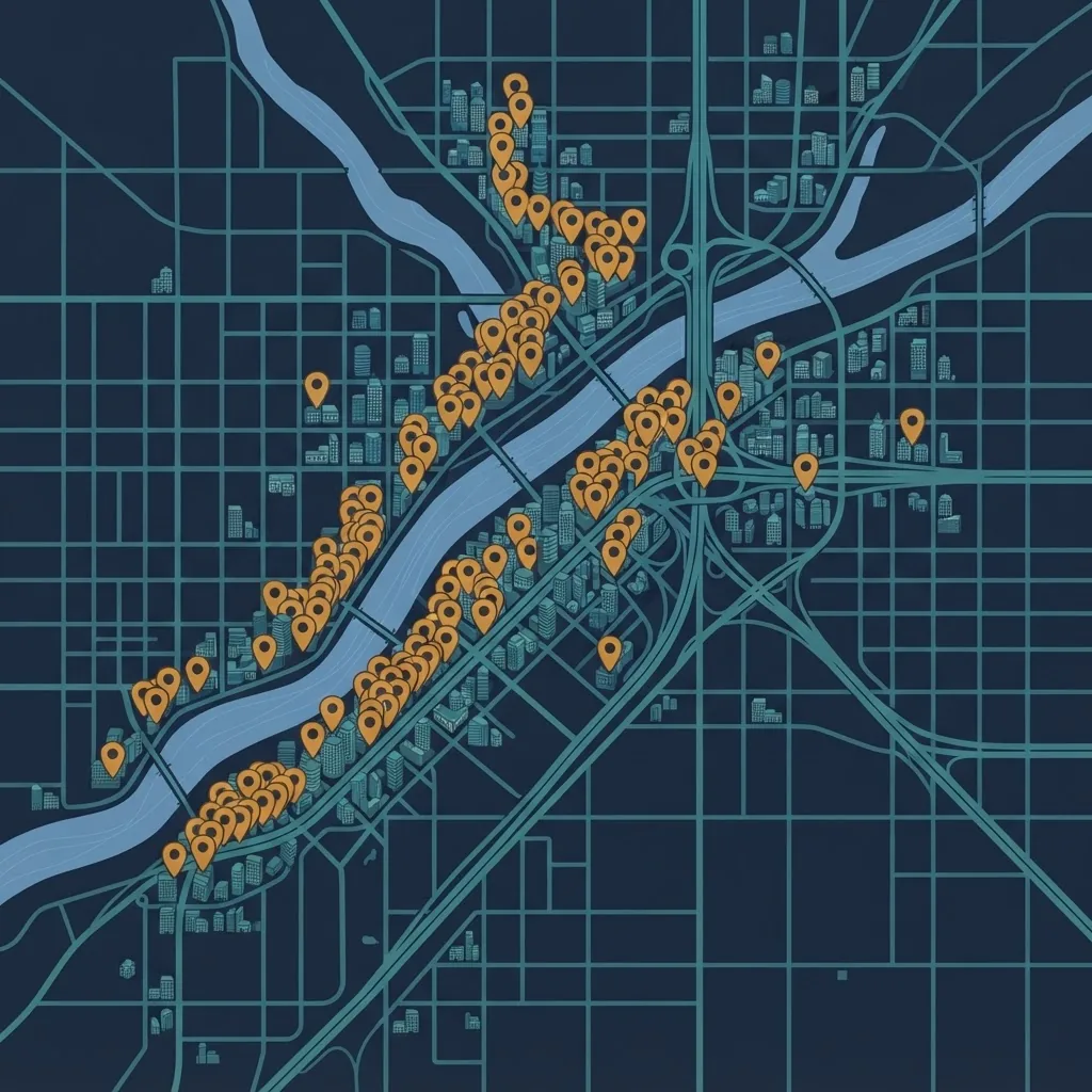 Abstract city map with clustered location pins and office icons