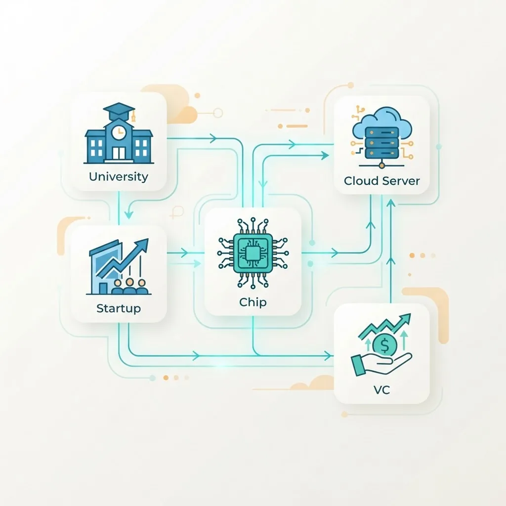 Flat vector infographic of interconnected university, startup, chip, cloud, and venture capital icons