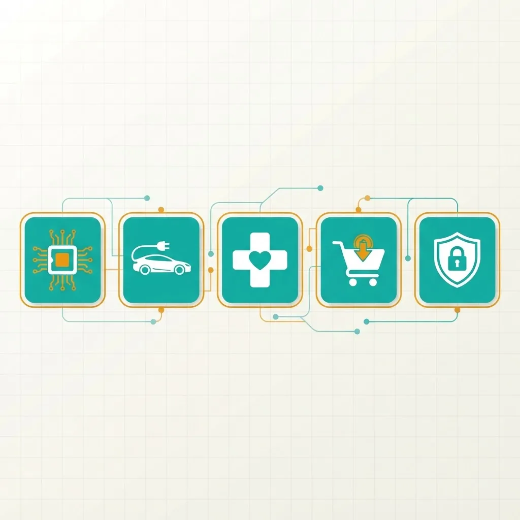 Grid of industry icons for chips, vehicles, healthcare, retail, and security
