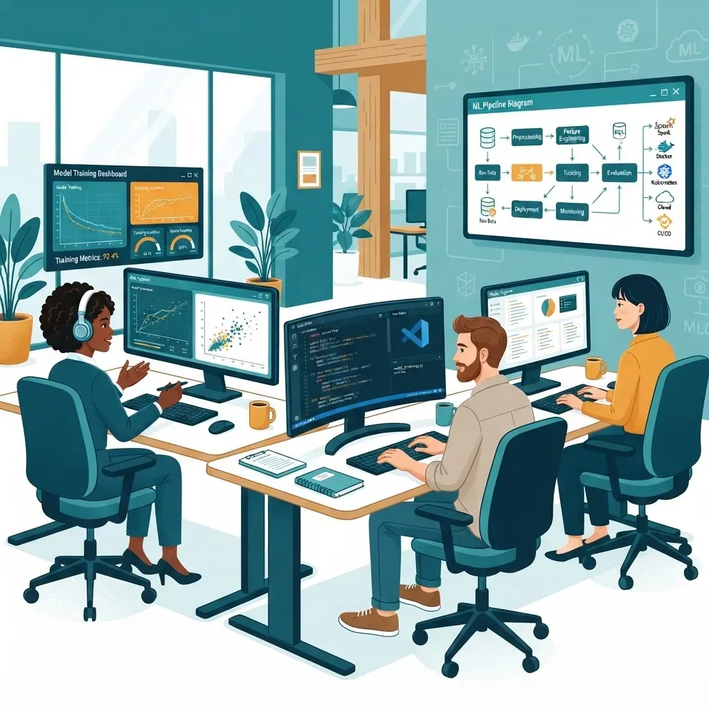 Machine learning professionals working on model dashboards and pipelines