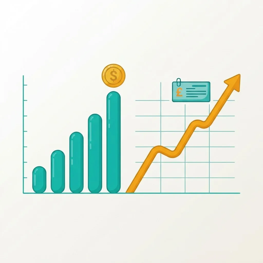 Rising bar chart and upward trend line with currency icons