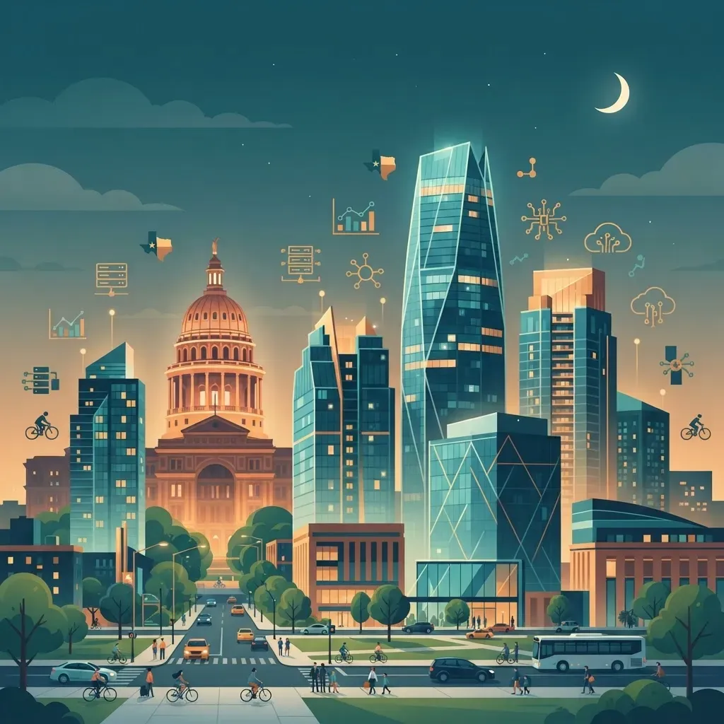 Austin Texas skyline with neural network overlay representing the city machine learning hub