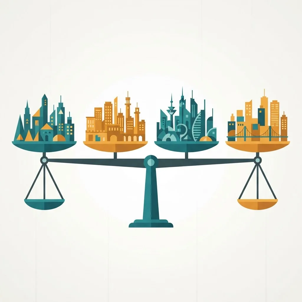 Four abstract skylines compared on a balanced scale motif
