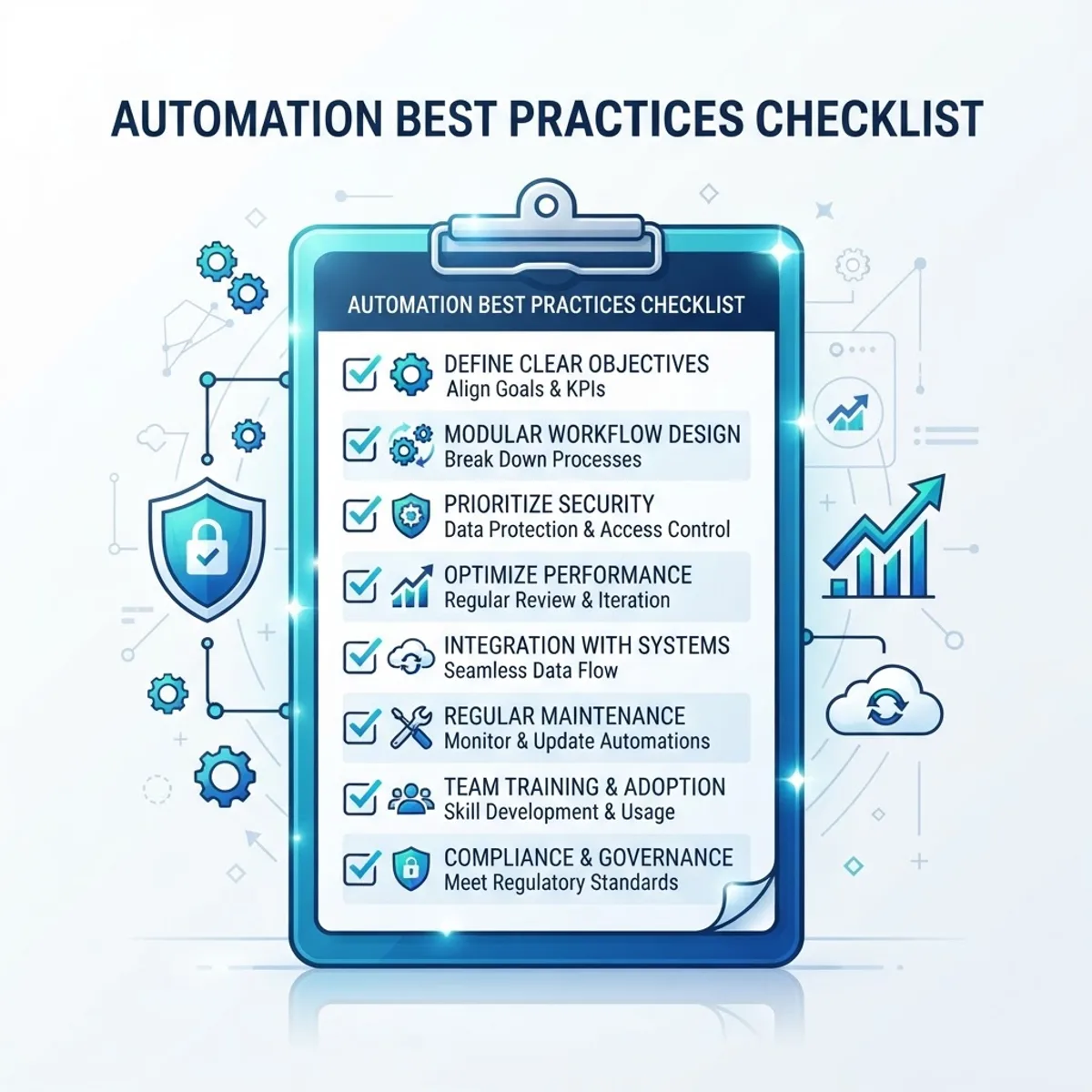 Checklist of automation best practices with security and optimization icons