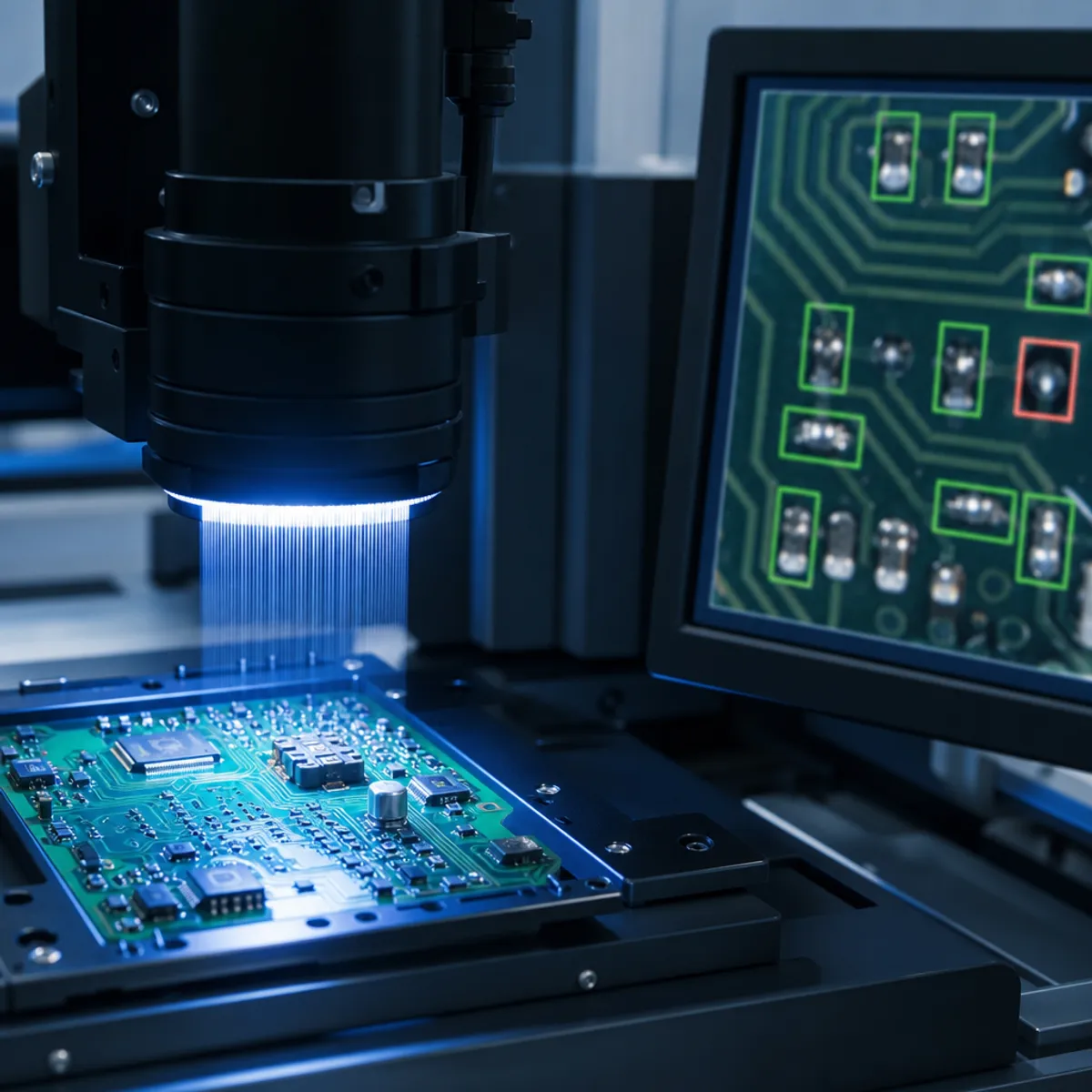 Automated optical inspection machine scanning a circuit board with AI vision bounding boxes