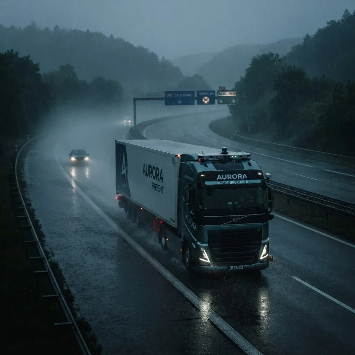Autonomous truck driving carefully through heavy rain and fog on a highway