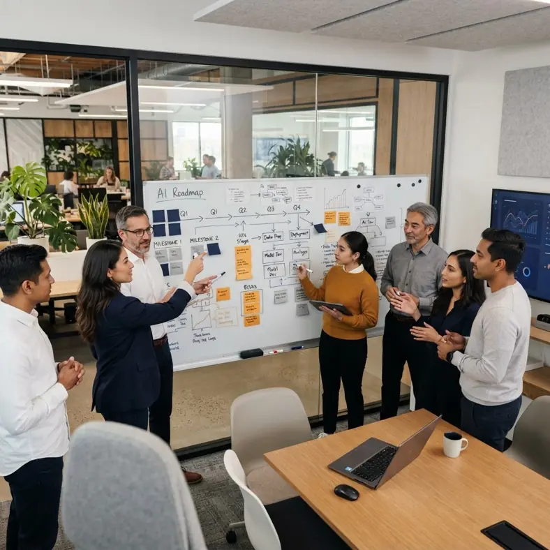 Team reviewing an Avenue AI implementation roadmap