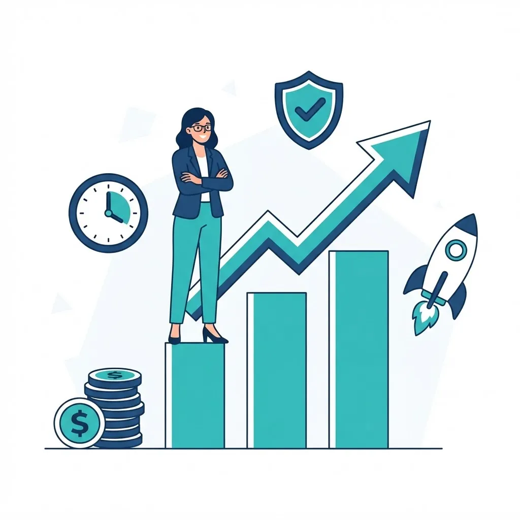 Businessperson on a rising chart surrounded by icons for time, cost, scalability, and reliability