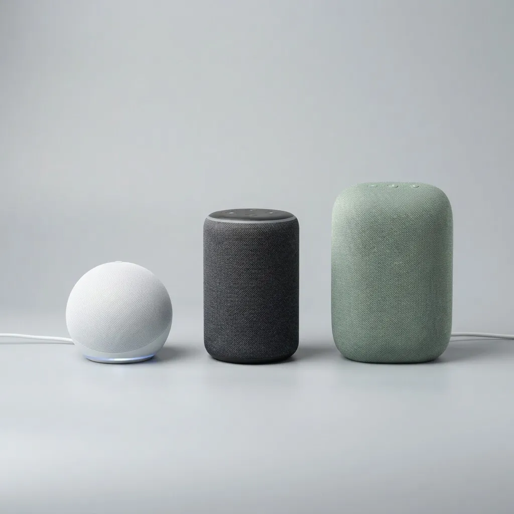 Three modern smart speakers lined up for comparison