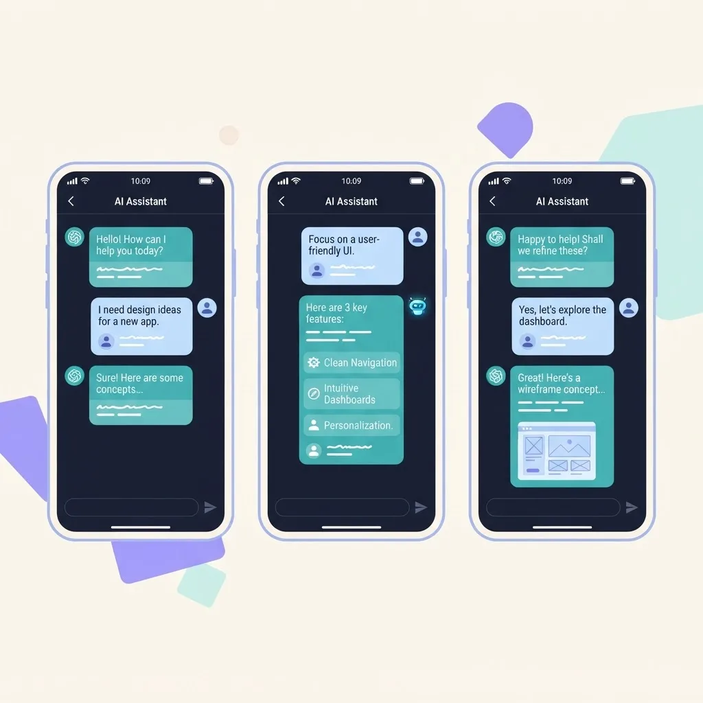 Three phone screens showing AI chat assistant conversations